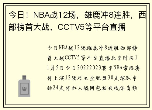 今日！NBA战12场，雄鹿冲8连胜，西部榜首大战，CCTV5等平台直播